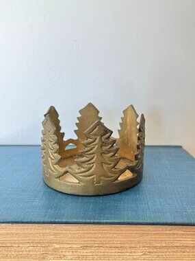 Vintage Brass Pine Tree Candle Holder Holiday Cabincore